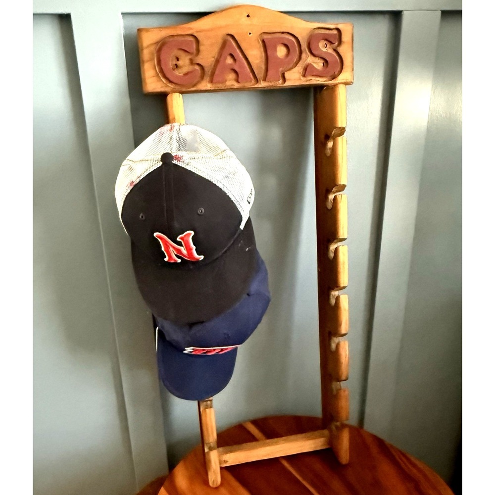 Vintage Wooden Baseball Cap Rack Hat Organizer 14 Hook Wall Mount 29"